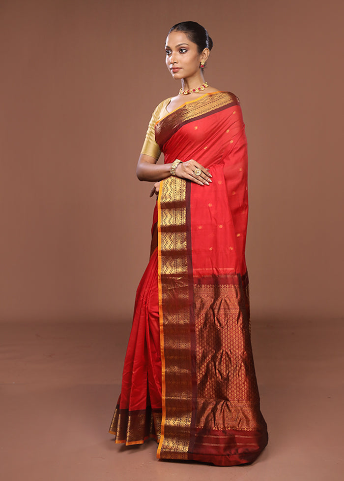 Red Gadwal Pure Silk Saree Without Blouse Piece