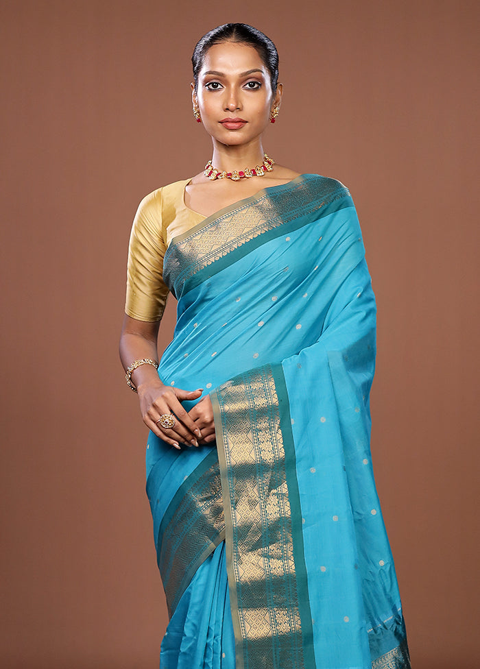 Blue Gadwal Pure Silk Saree Without Blouse Piece