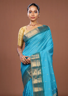 Blue Gadwal Pure Silk Saree Without Blouse Piece
