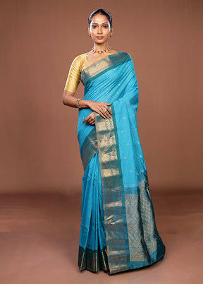 Blue Gadwal Pure Silk Saree Without Blouse Piece