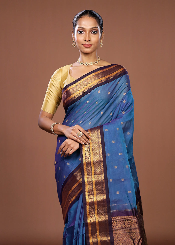 Blue Gadwal Pure Silk Saree Without Blouse Piece