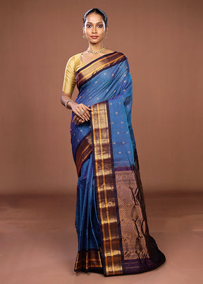 Blue Gadwal Pure Silk Saree Without Blouse Piece