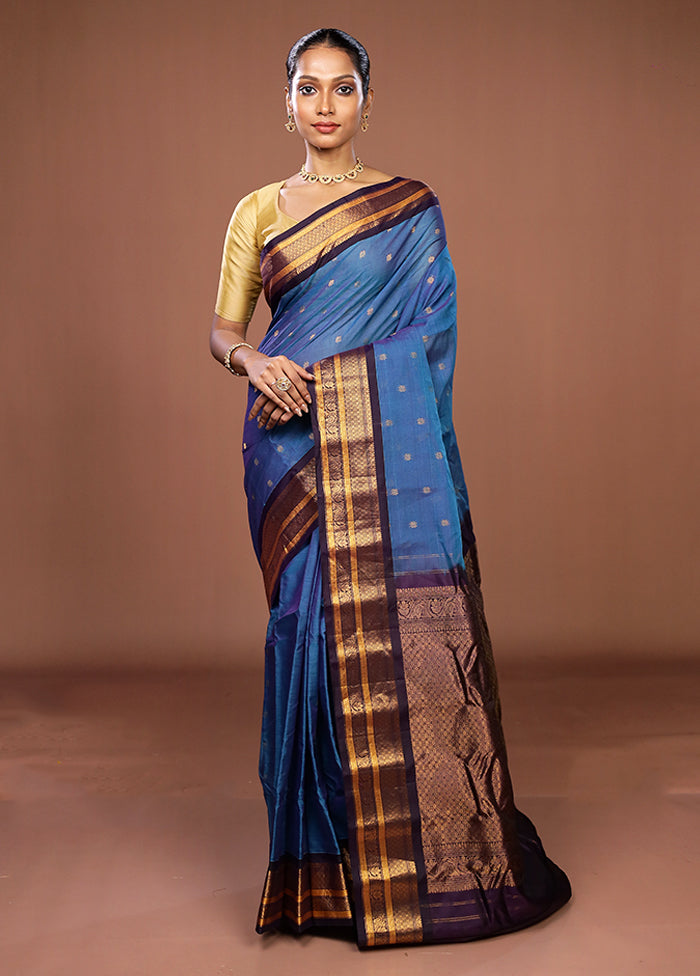 Blue Gadwal Pure Silk Saree Without Blouse Piece