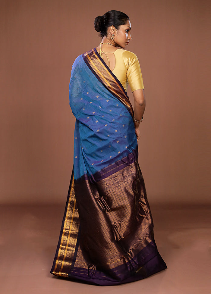Blue Gadwal Pure Silk Saree Without Blouse Piece