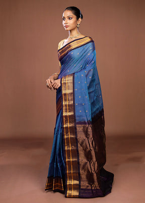 Blue Gadwal Pure Silk Saree Without Blouse Piece
