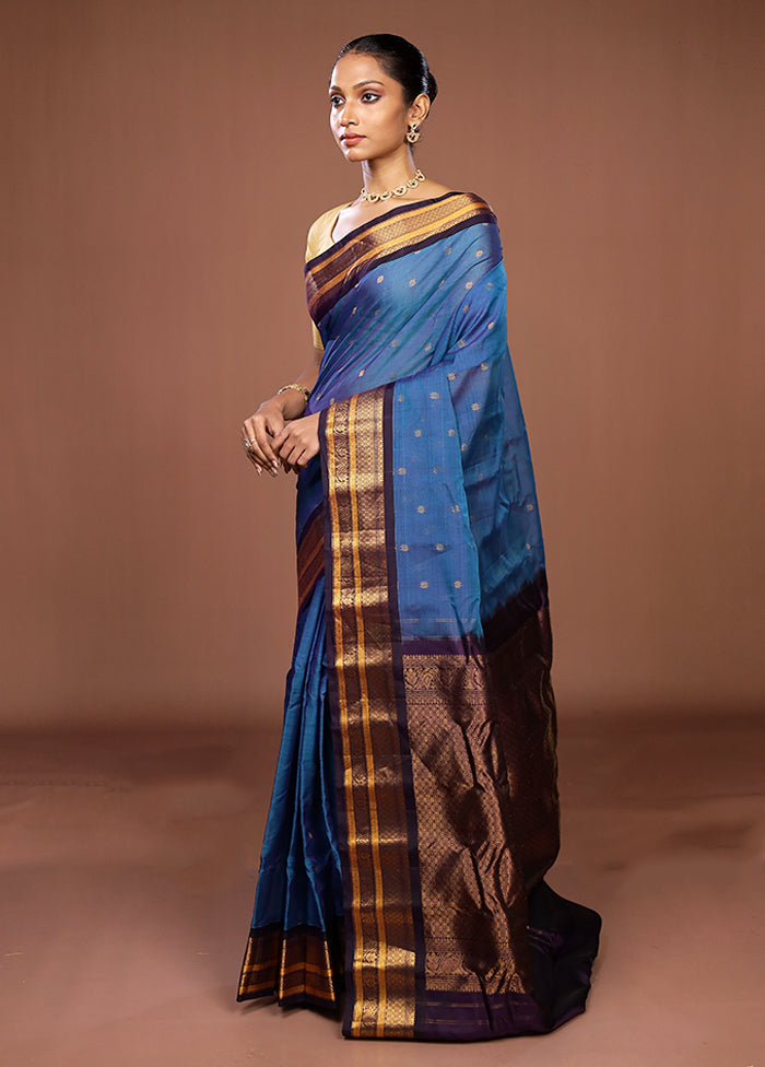 Blue Gadwal Pure Silk Saree Without Blouse Piece