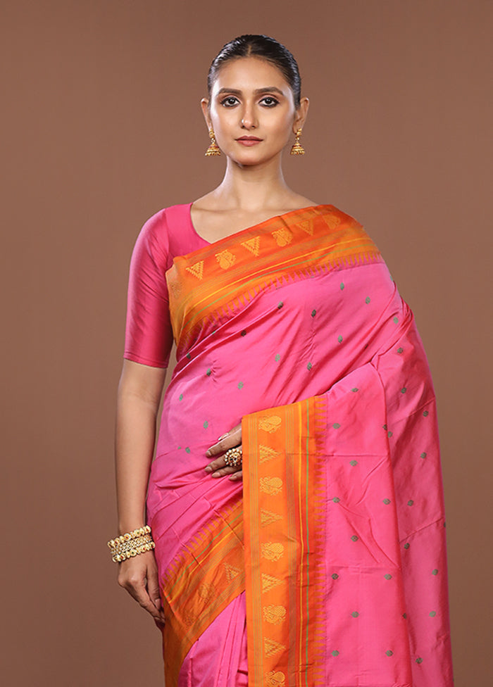Pink Kanjivaram Silk Saree With Blouse Piece