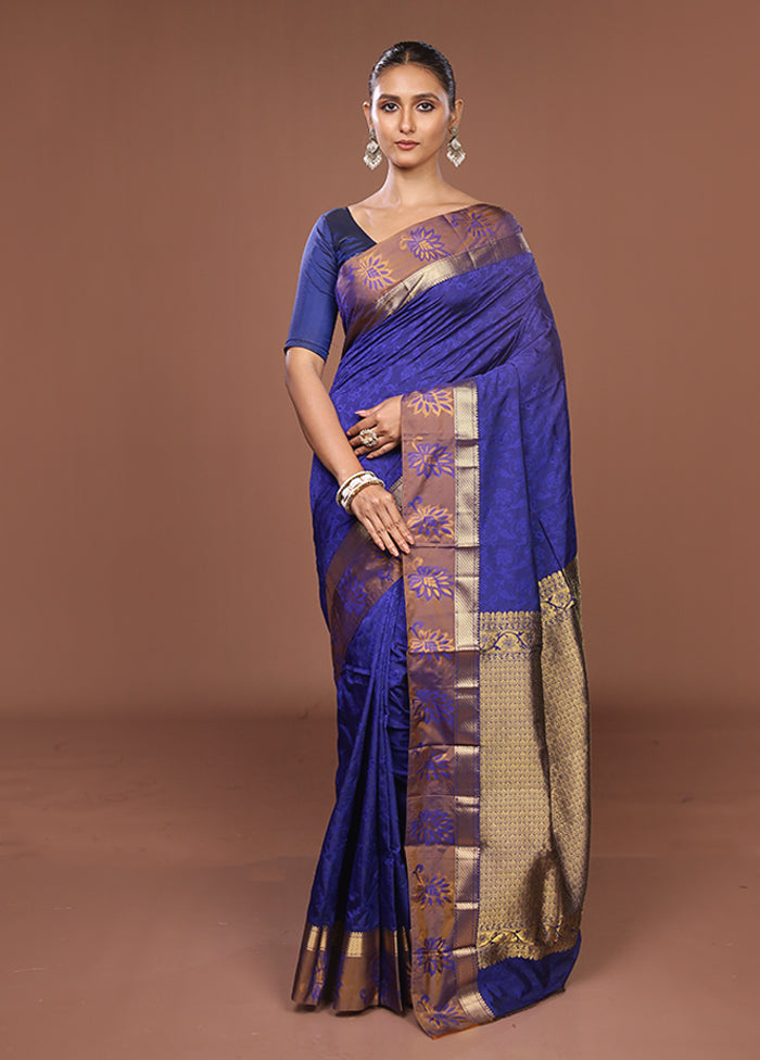 Blue Kanjivaram Silk Saree With Blouse Piece