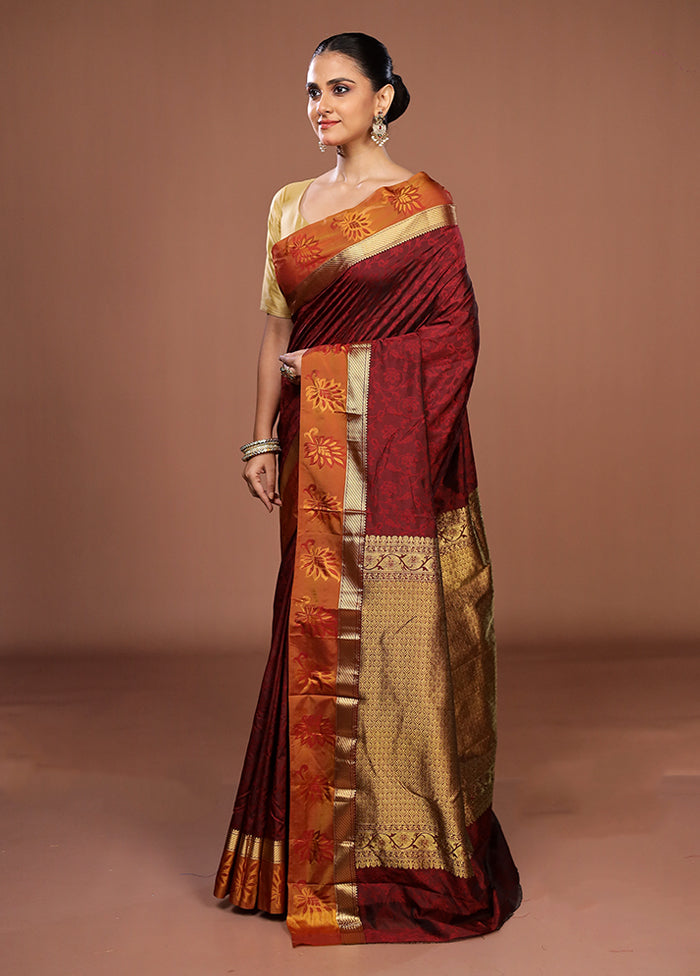 Maroon Kanjivaram Silk Saree With Blouse Piece