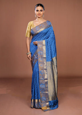 Blue Kanjivaram Silk Saree With Blouse Piece