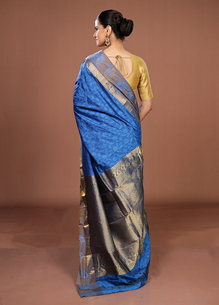 Blue Kanjivaram Silk Saree With Blouse Piece