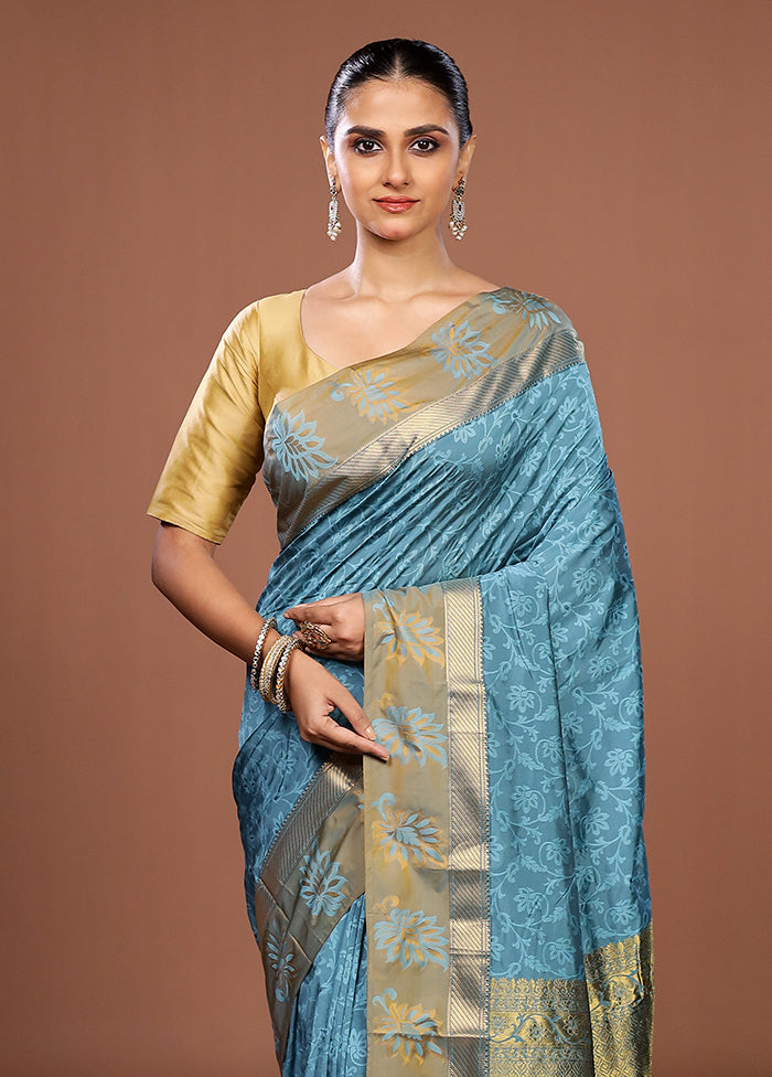 Blue Kanjivaram Silk Saree With Blouse Piece
