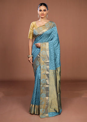 Blue Kanjivaram Silk Saree With Blouse Piece