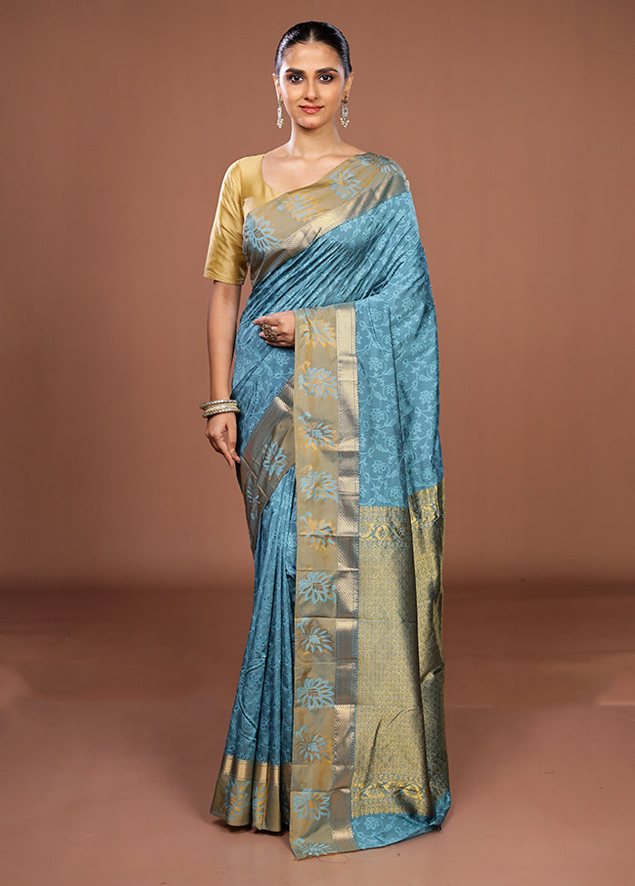 Blue Kanjivaram Silk Saree With Blouse Piece