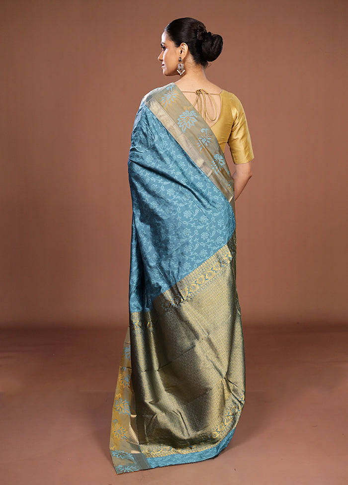 Blue Kanjivaram Silk Saree With Blouse Piece