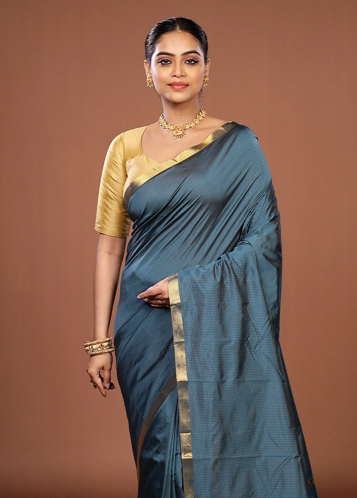 Blue Kanjivaram Silk Saree With Blouse Piece