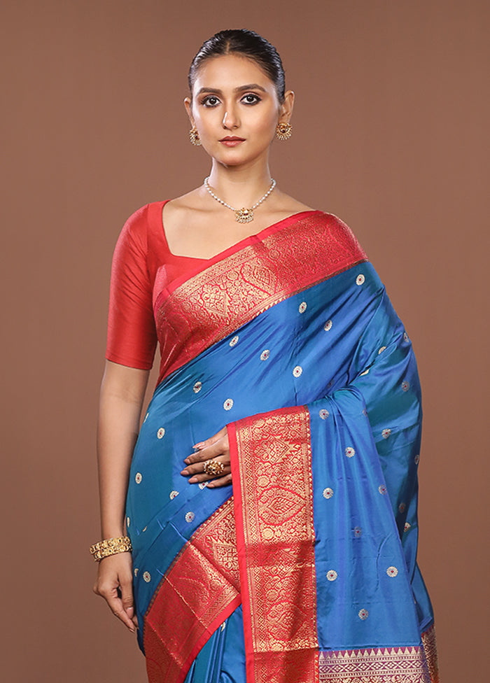 Blue Kanjivaram Silk Saree With Blouse Piece