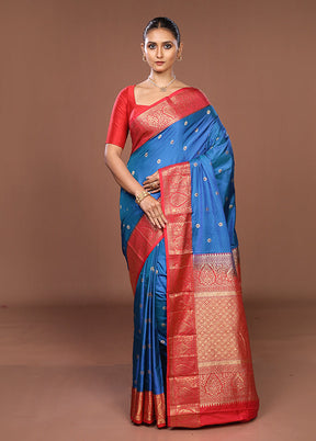 Blue Kanjivaram Silk Saree With Blouse Piece