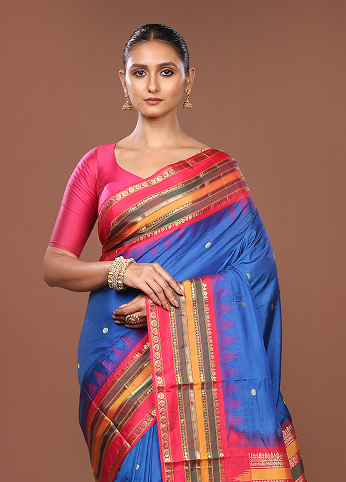 Blue Kanjivaram Silk Saree With Blouse Piece