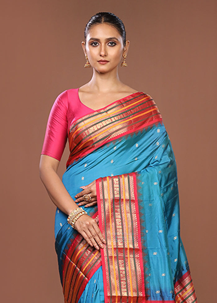 Blue Kanjivaram Silk Saree With Blouse Piece