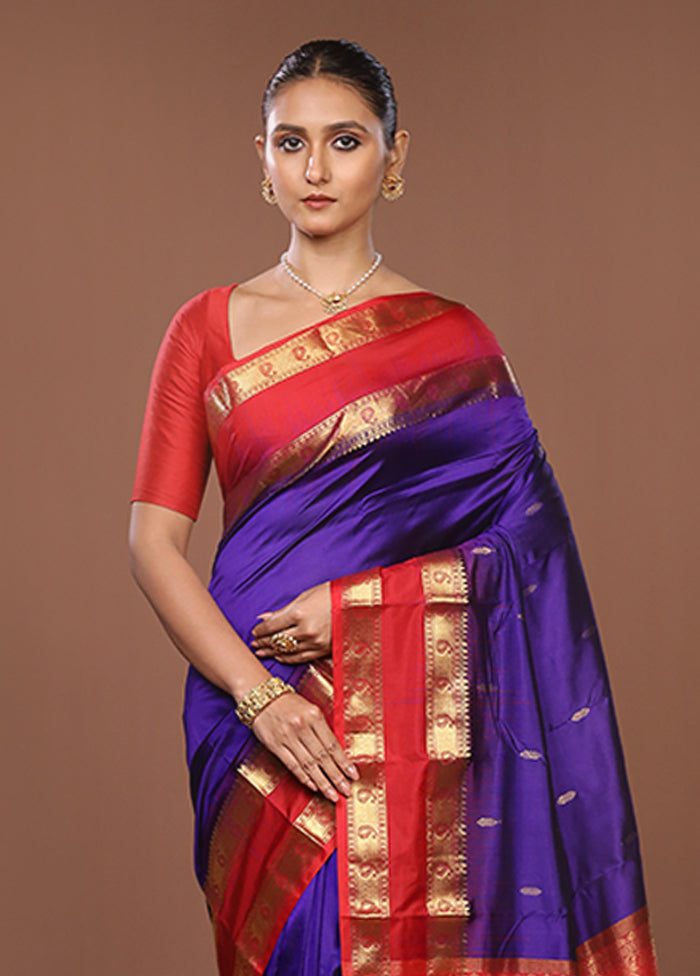 Blue Handloom Kanjivaram Pure Silk Saree With Blouse Piece