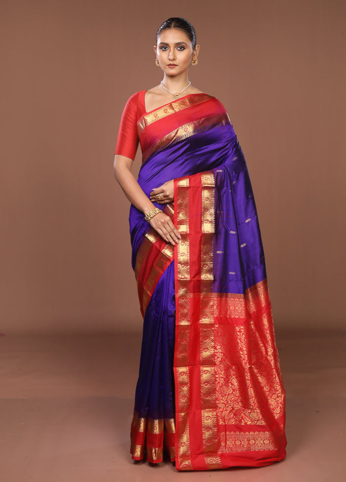 Blue Handloom Kanjivaram Pure Silk Saree With Blouse Piece
