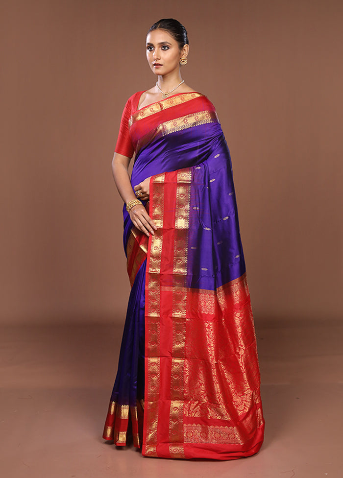 Blue Handloom Kanjivaram Pure Silk Saree With Blouse Piece