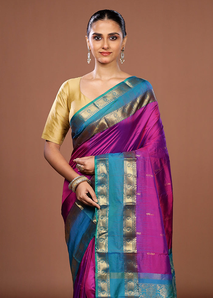 Purple Handloom Kanjivaram Pure Silk Saree With Blouse Piece