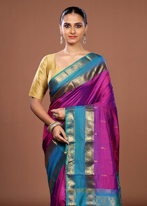 Purple Handloom Kanjivaram Pure Silk Saree With Blouse Piece