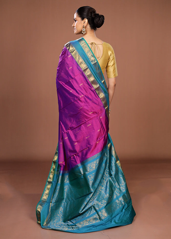 Purple Handloom Kanjivaram Pure Silk Saree With Blouse Piece
