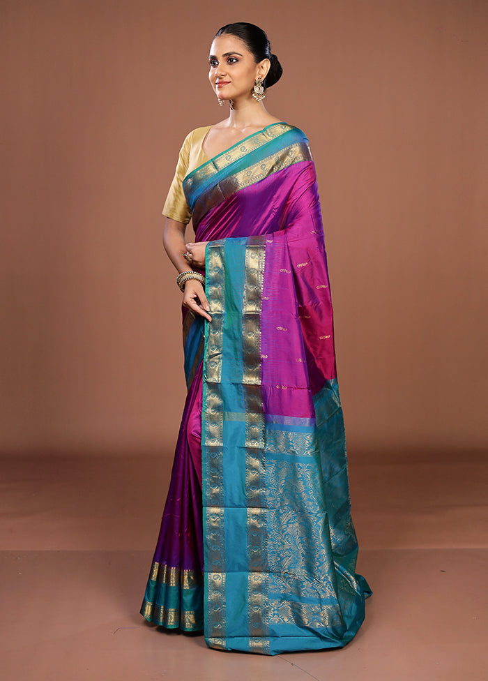 Purple Handloom Kanjivaram Pure Silk Saree With Blouse Piece