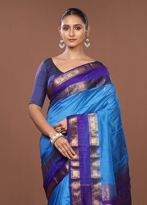 Blue Handloom Kanjivaram Pure Silk Saree With Blouse Piece