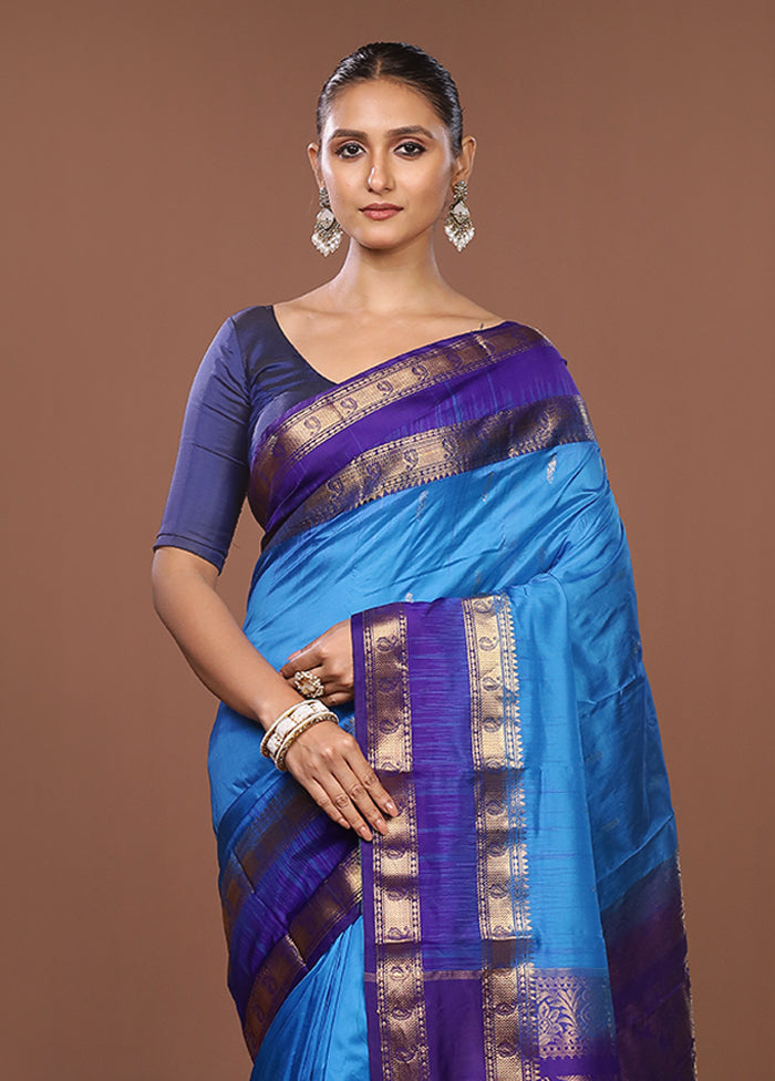 Blue Handloom Kanjivaram Pure Silk Saree With Blouse Piece