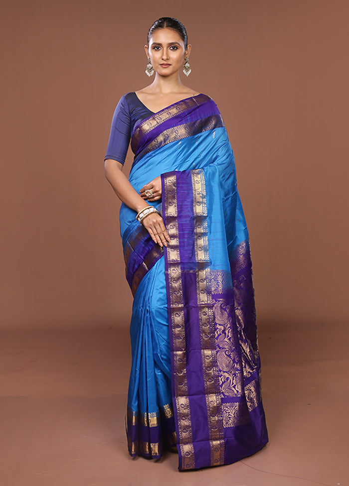 Blue Handloom Kanjivaram Pure Silk Saree With Blouse Piece
