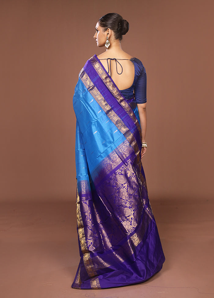 Blue Handloom Kanjivaram Pure Silk Saree With Blouse Piece