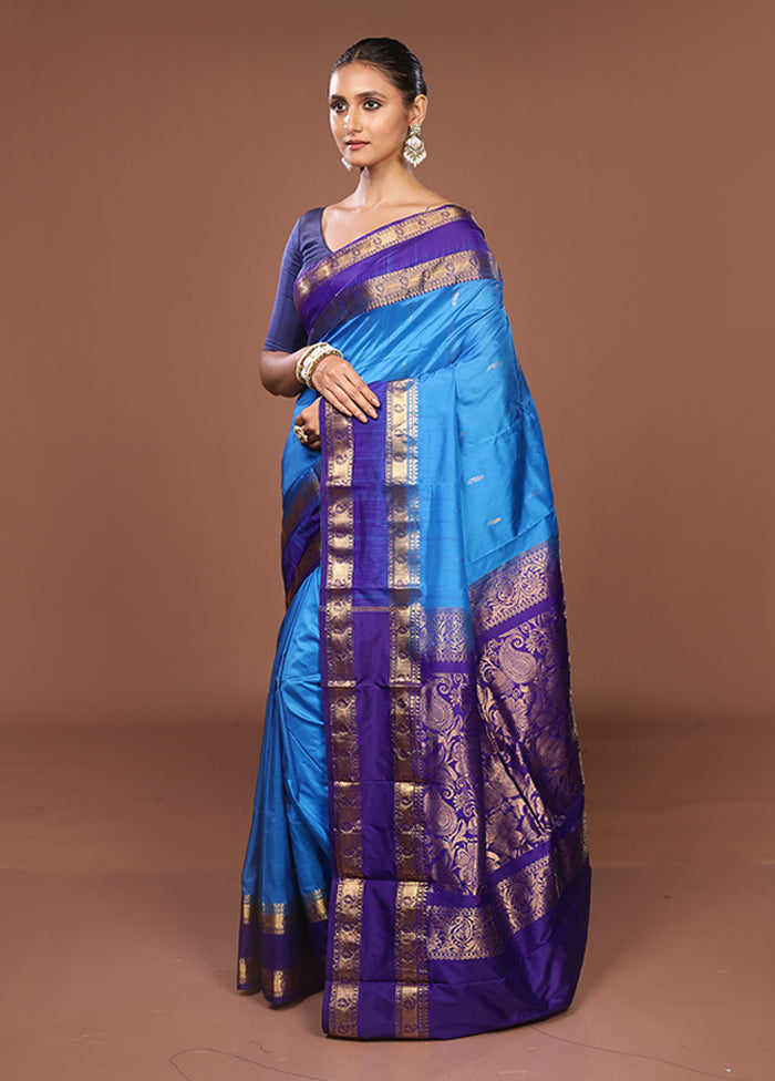 Blue Handloom Kanjivaram Pure Silk Saree With Blouse Piece