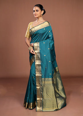 Blue Kanjivaram Silk Saree With Blouse Piece
