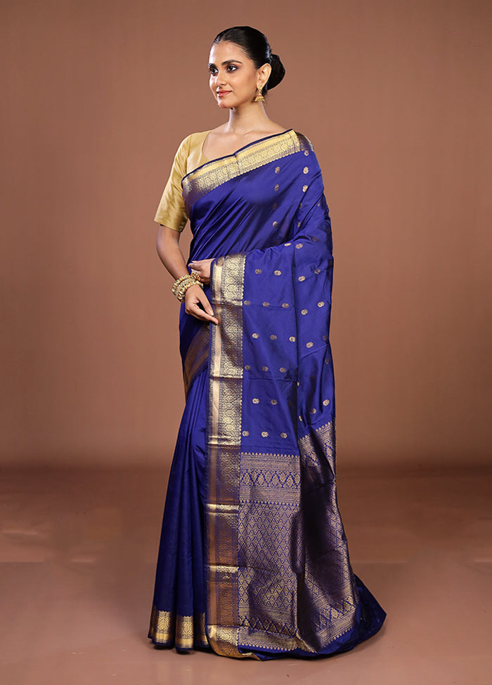 Blue Kanjivaram Silk Saree With Blouse Piece