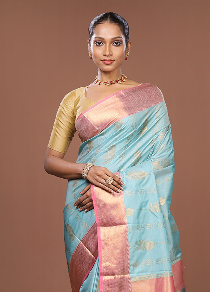 Blue Kanjivaram Silk Saree With Blouse Piece