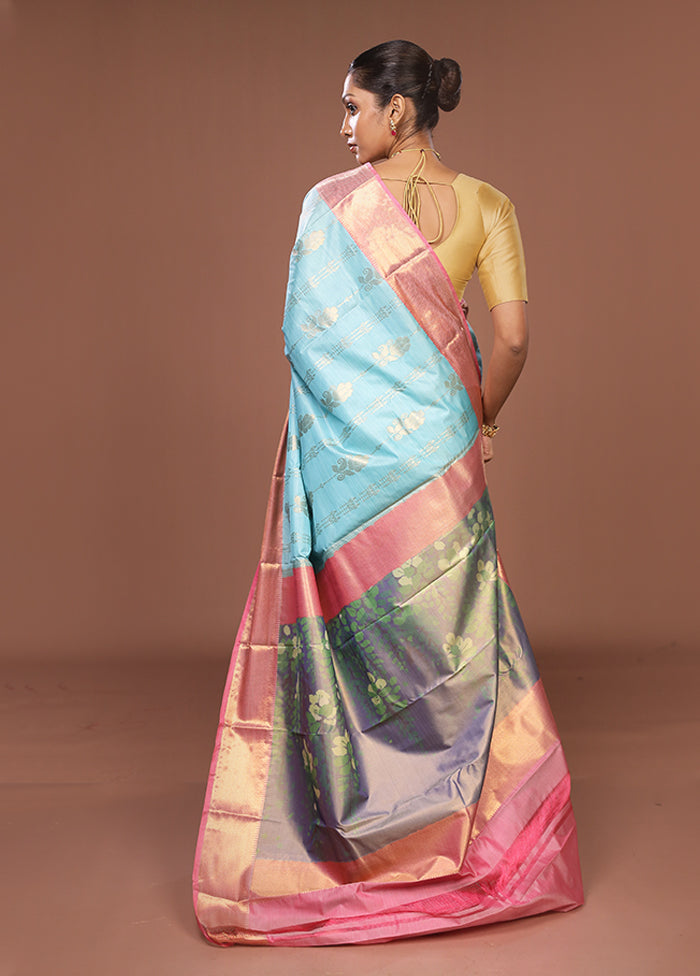 Blue Kanjivaram Silk Saree With Blouse Piece