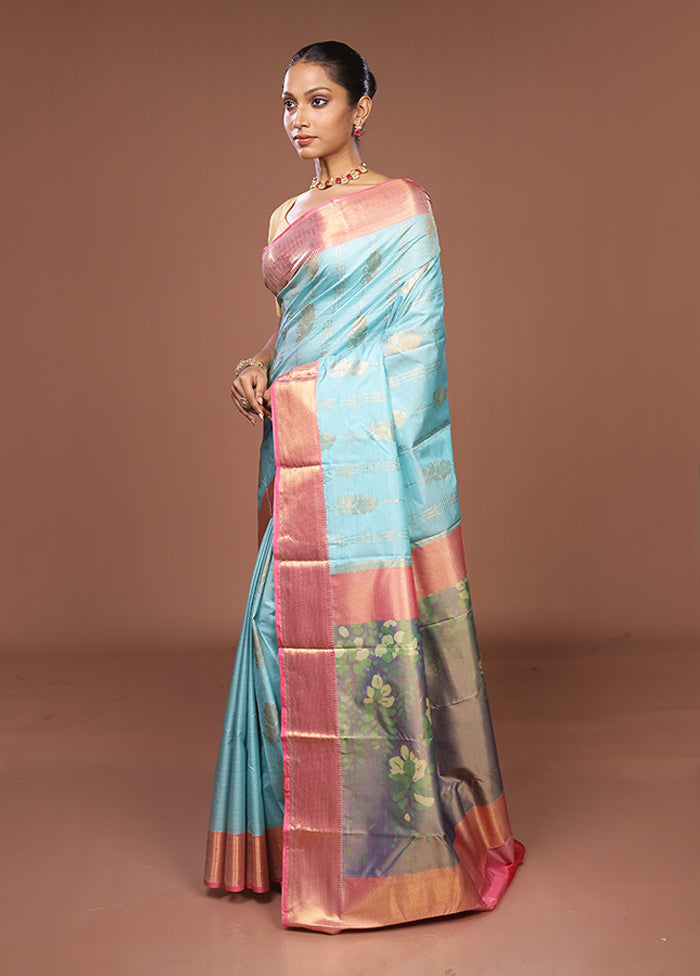 Blue Kanjivaram Silk Saree With Blouse Piece
