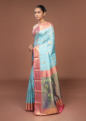 Blue Kanjivaram Silk Saree With Blouse Piece