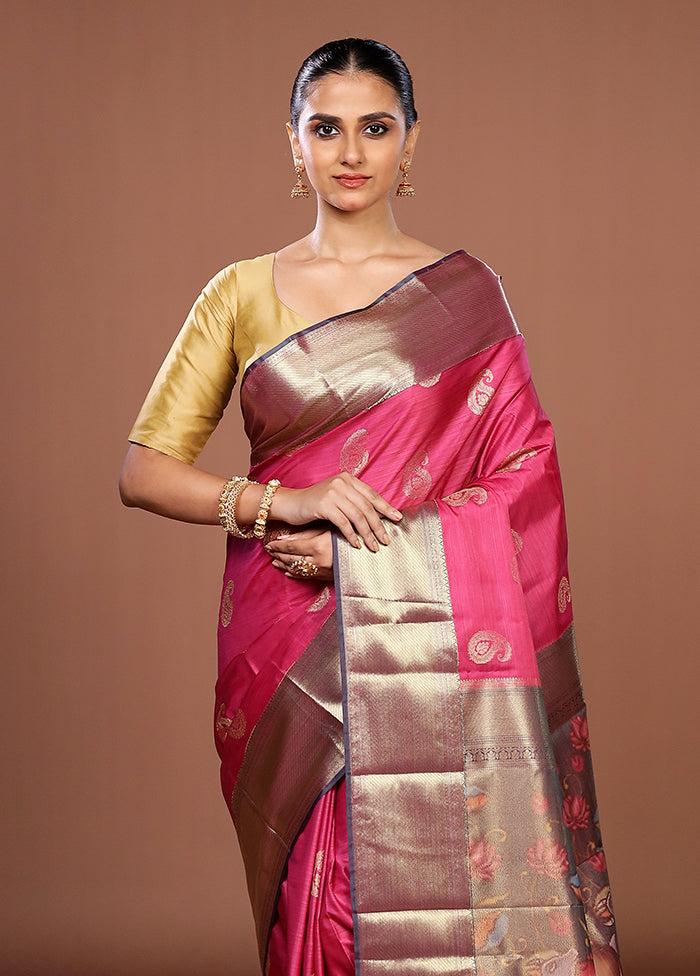 Pink Kanjivaram Silk Saree With Blouse Piece