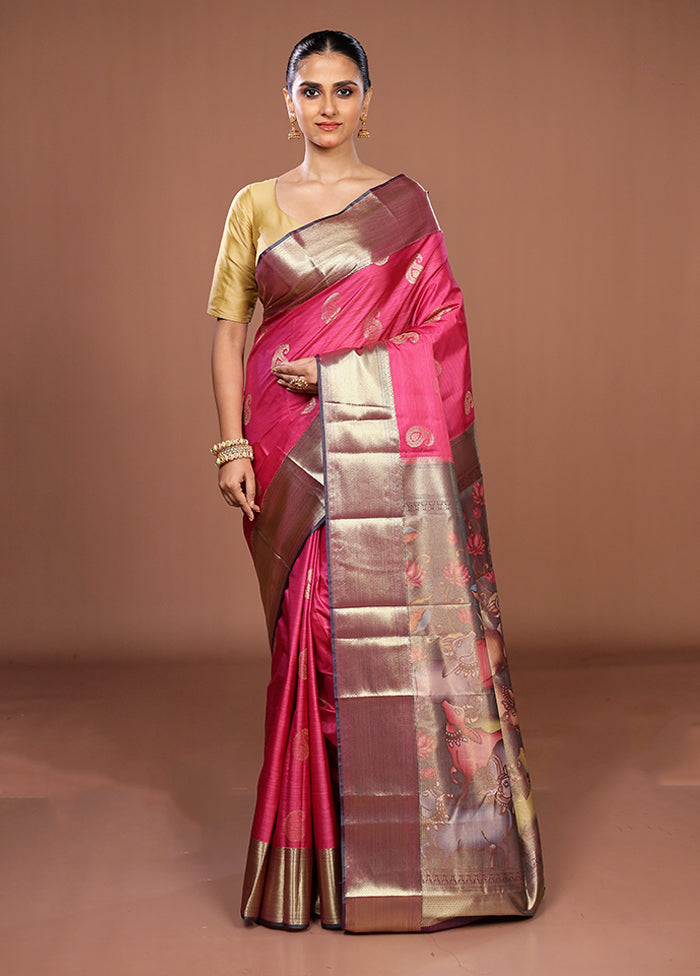 Pink Kanjivaram Silk Saree With Blouse Piece