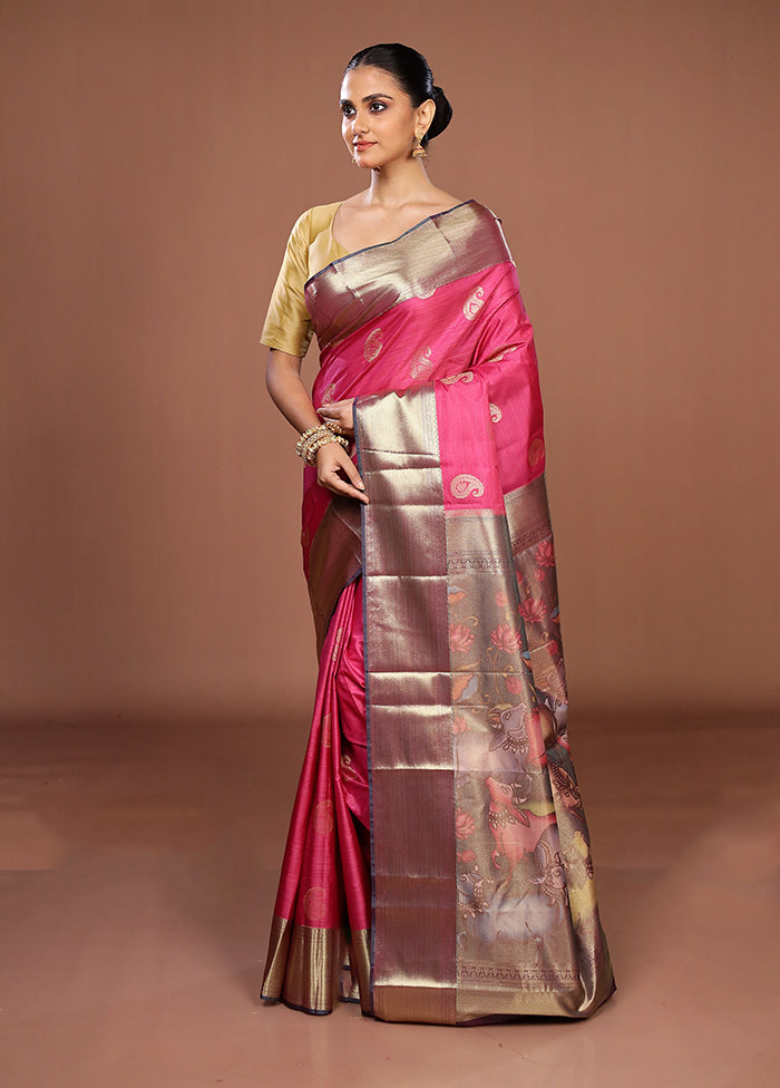 Pink Kanjivaram Silk Saree With Blouse Piece