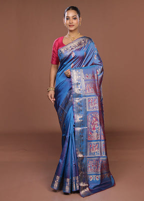 Blue Handloom Baluchari Pure Silk Saree With Blouse Piece
