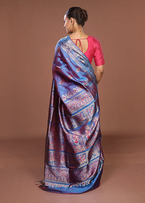 Blue Handloom Baluchari Pure Silk Saree With Blouse Piece