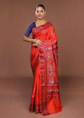 Orange Handloom Baluchari Pure Silk Saree With Blouse Piece