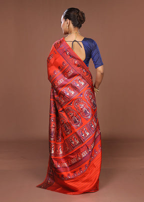 Orange Handloom Baluchari Pure Silk Saree With Blouse Piece