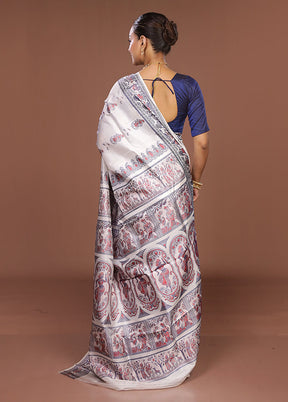 White Handloom Baluchari Pure Silk Saree With Blouse Piece